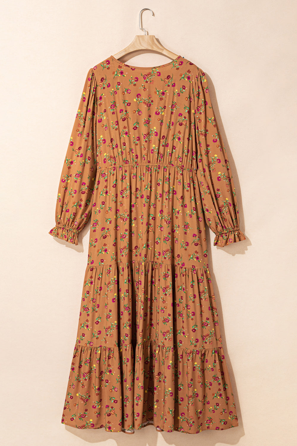 Brown Plus Size Floral Split V Neck Ruffled Sleeve Tiered Maxi Dress (Warehouse Exclusives - Online only)