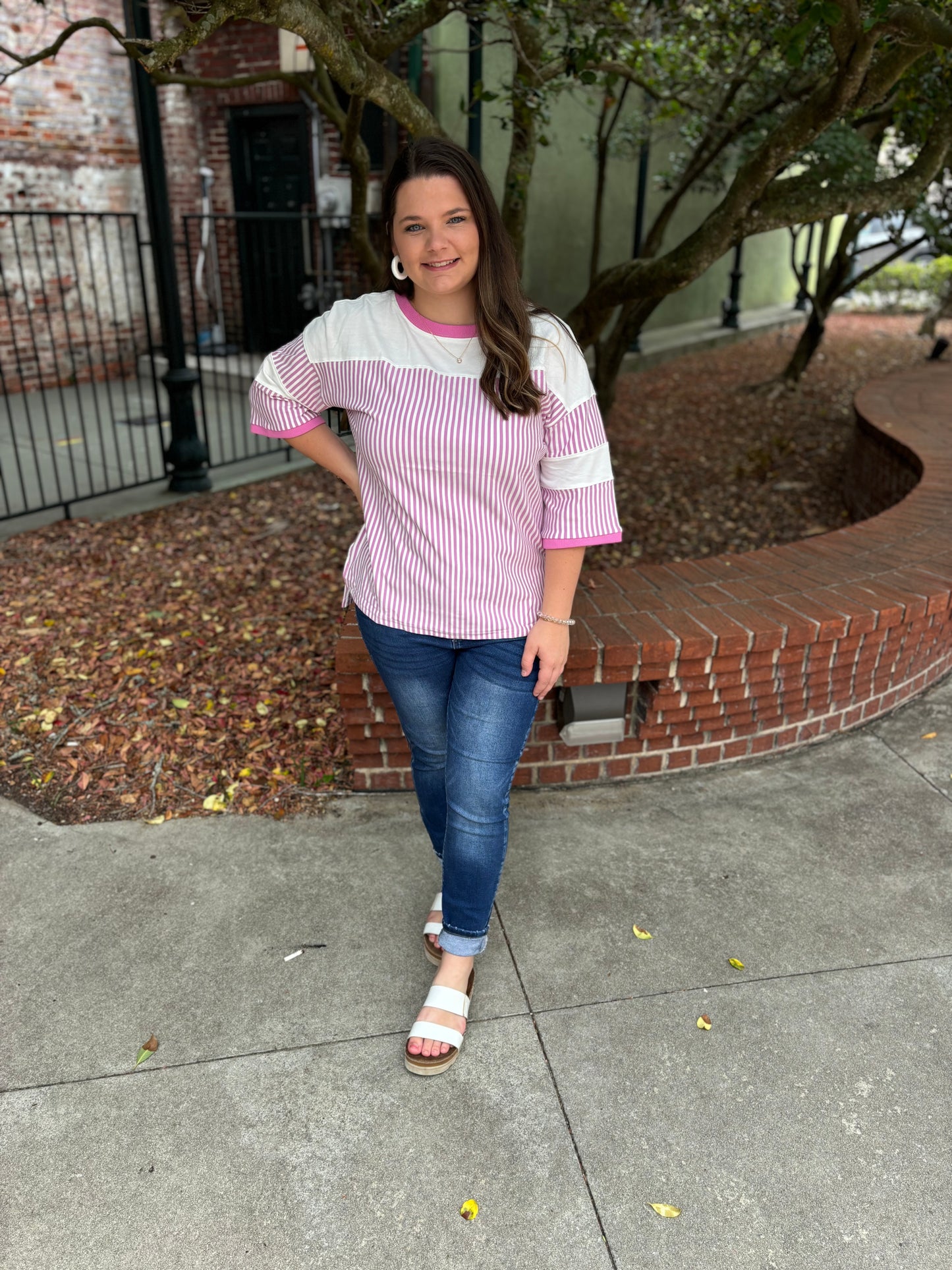 Pink Striped 3/4 Sleeve Oversize Top