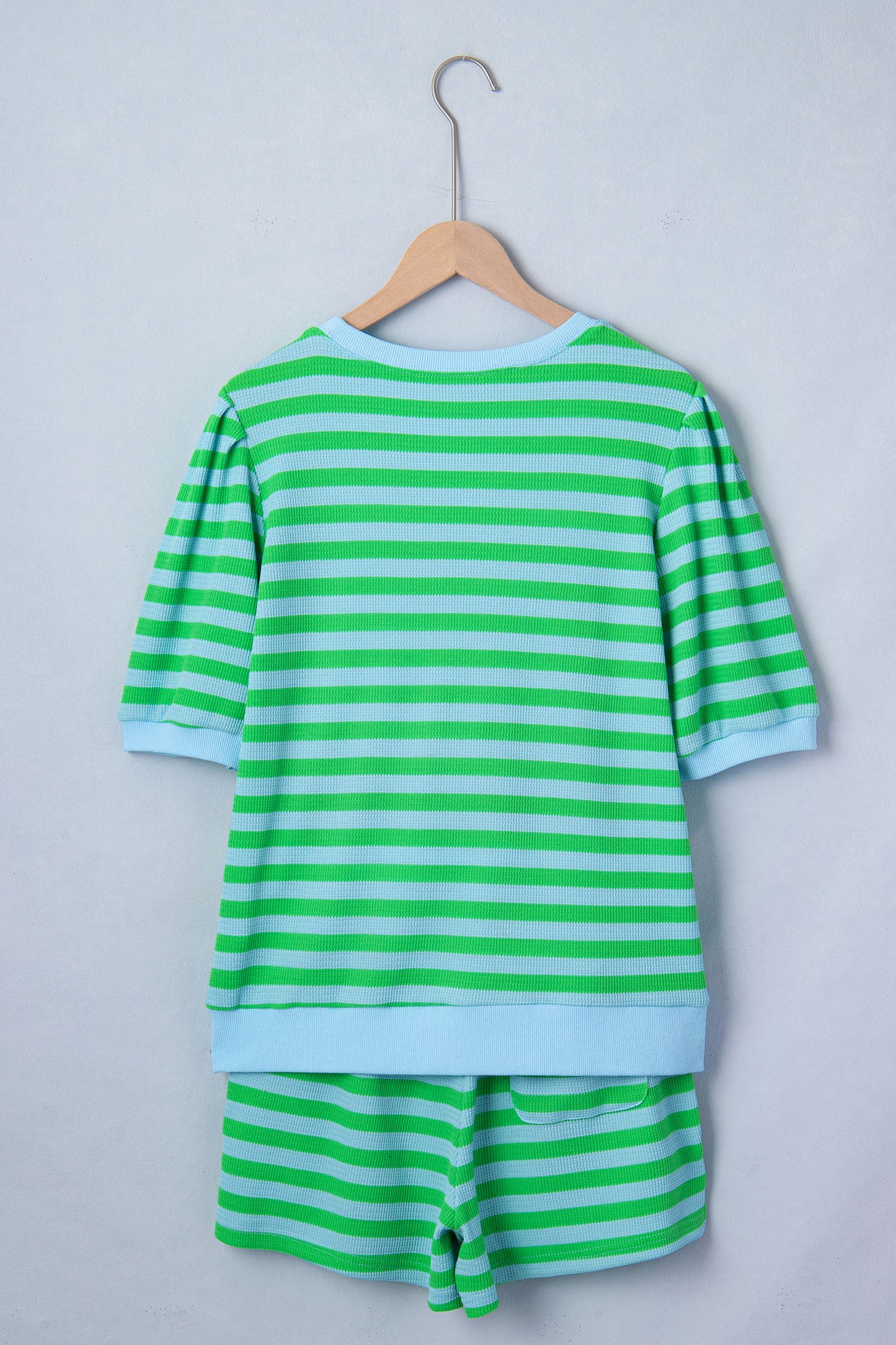 Green stripe puff sleeve T-shirt and matching shorts set by Modern Grace, casual two-piece summer outfit for women.
