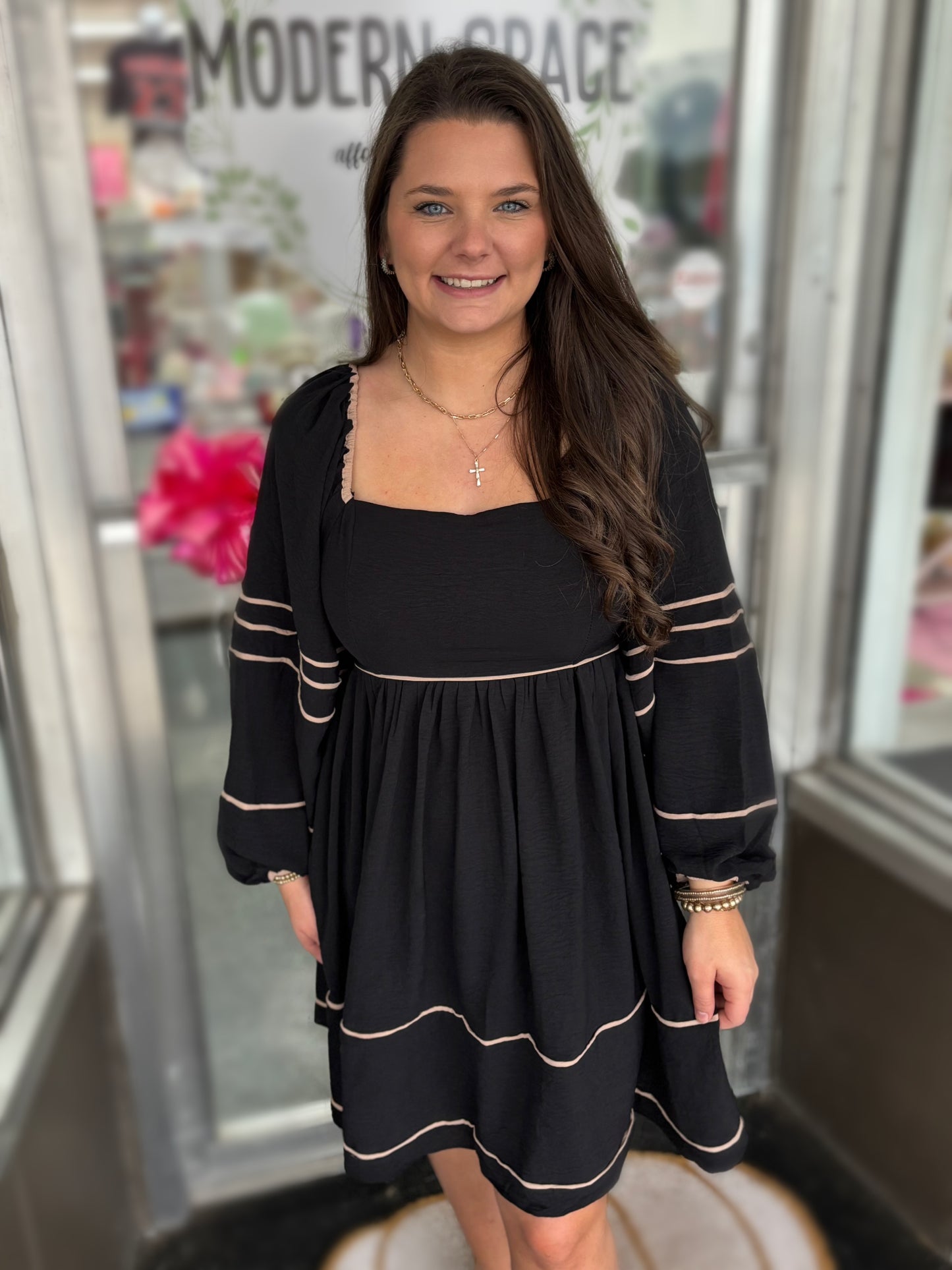 Black Long Sleeve Contrast Dress