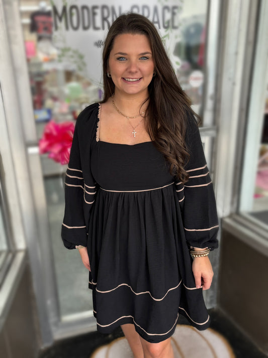 Black Long Sleeve Contrast Dress