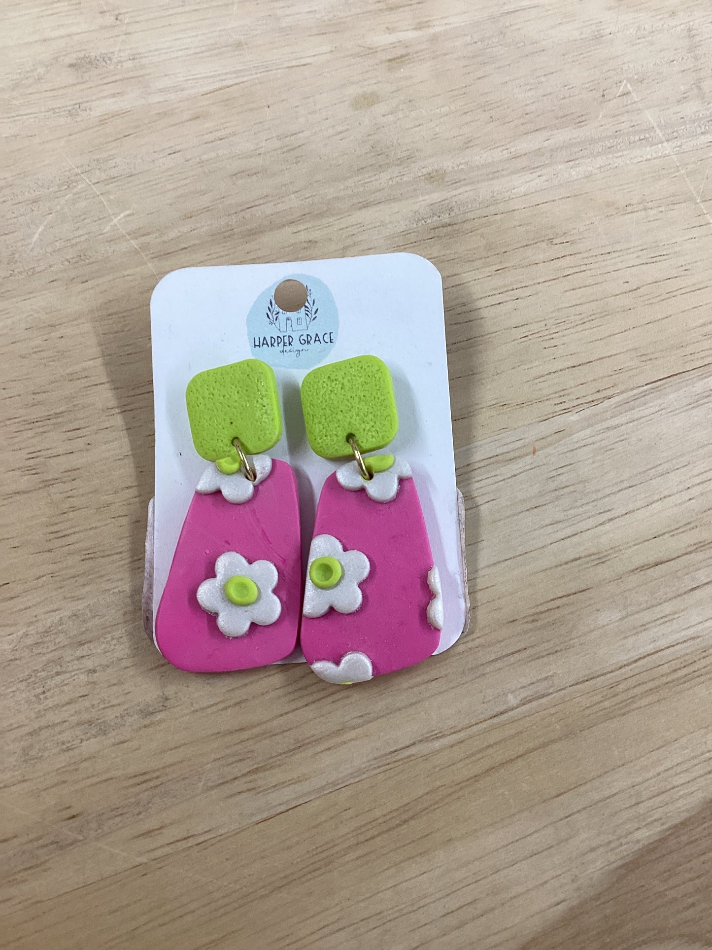 LIME GREEN AND PINK FLOWER EARRINGS