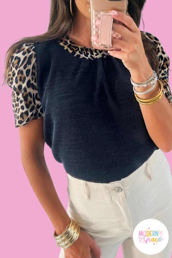 Ribbed Contrast Leopard Patchwork Short Sleeve Top