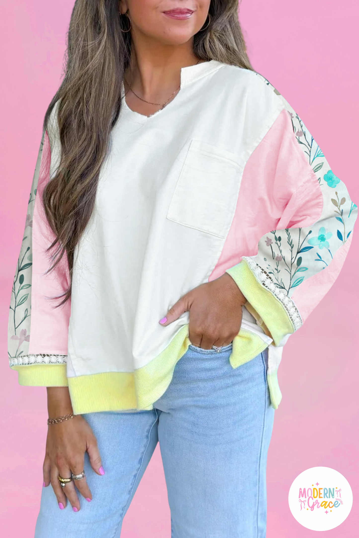 White Floral Colorblock Patchwork Chest Pocket Notched Neck Long Sleeve Top (Warehouse Exclusive)