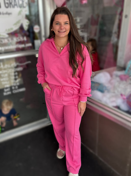Pink Collared Pullover and Pants Set