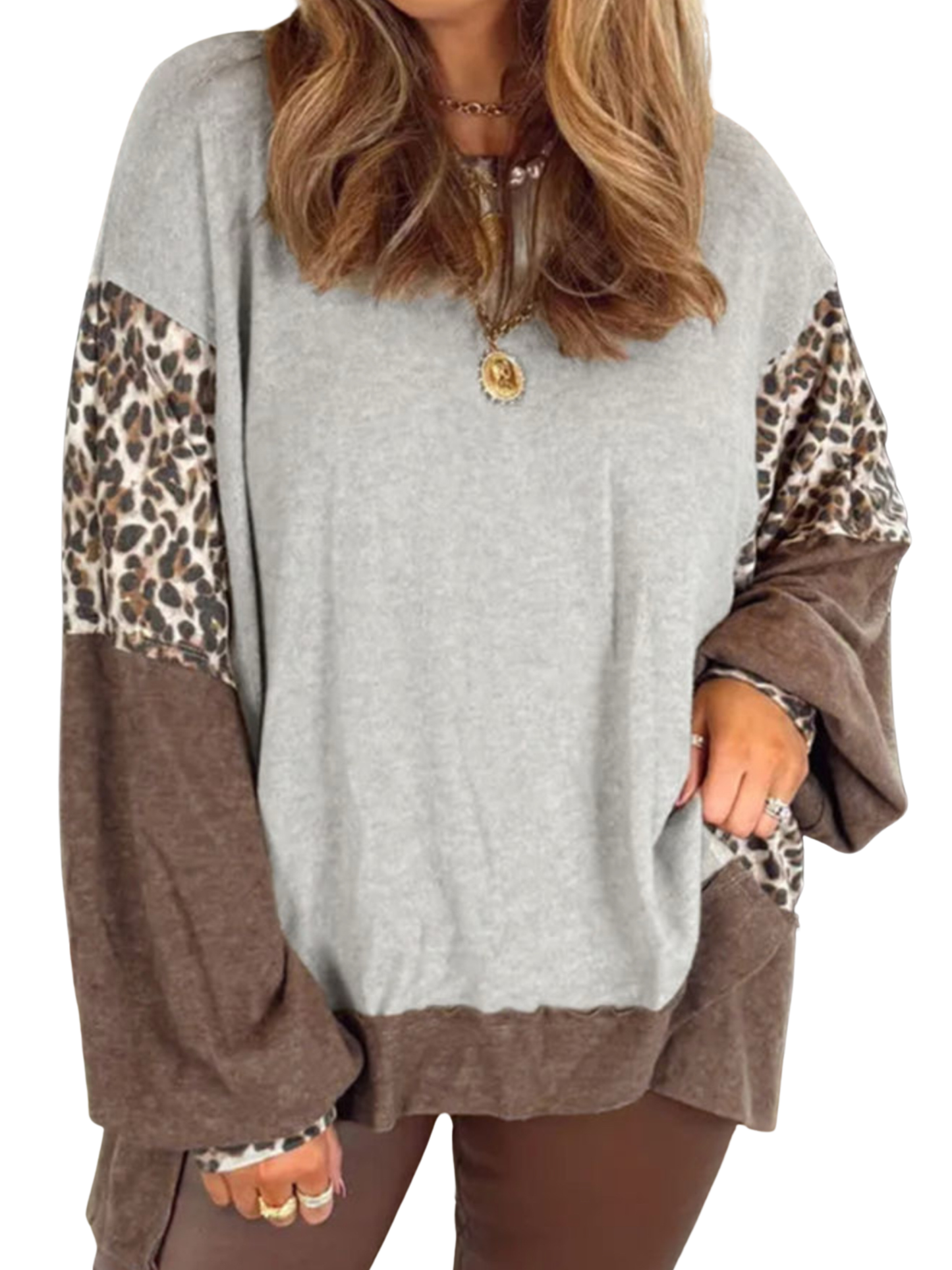 Curvy Gray Leopard Color Block Patchwork Sweatshirt