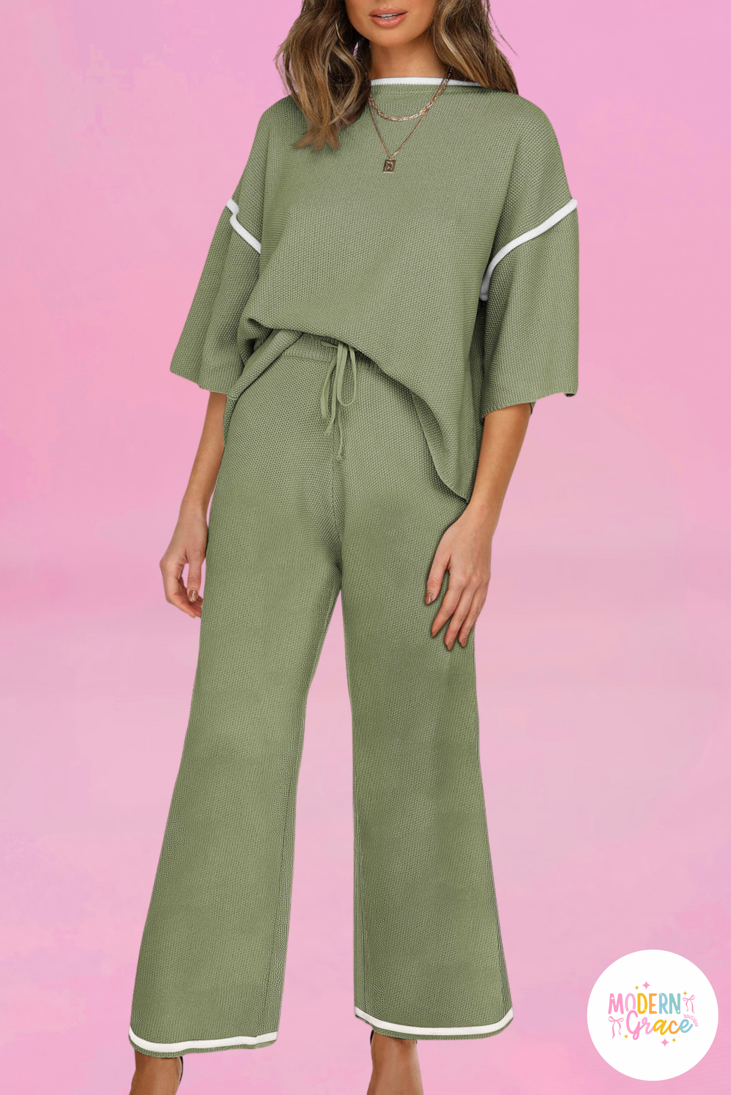 Green Trim Half Sleeve Top Drawstring Pants Loose 2pcs Sweater Suit (Online Only- Warehouse Exclusive)