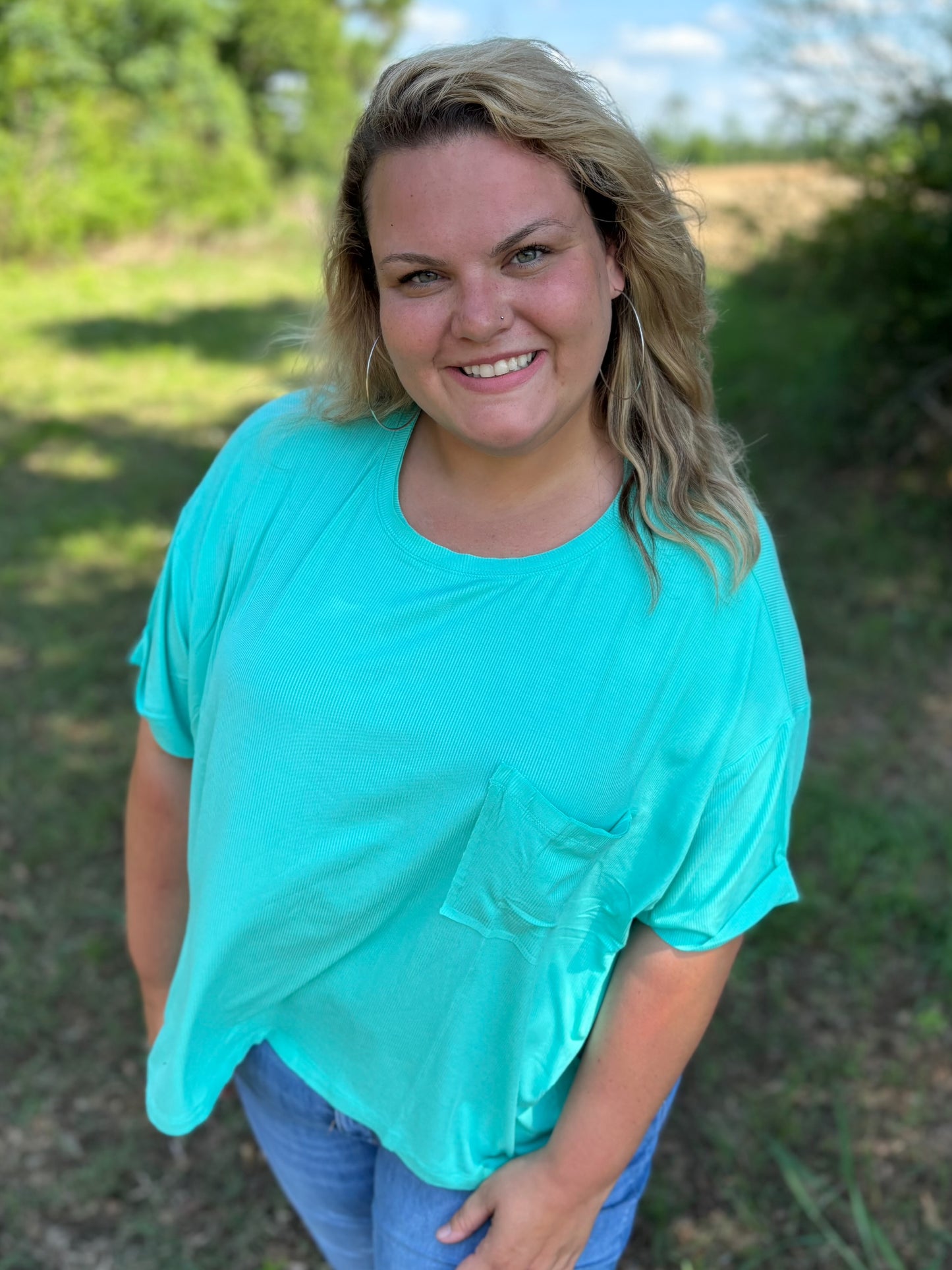 Curvy Mint Oversized Ribbed Round Neck Short Sleeve Tee