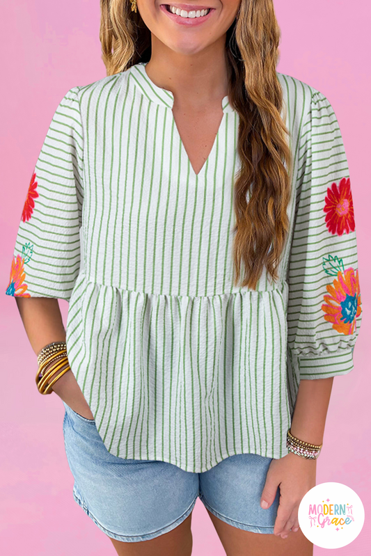 Green Stripe Flower Puff Sleeve Notched V Neck Babydoll Blouse (Warehouse Exclusives - Online only!)