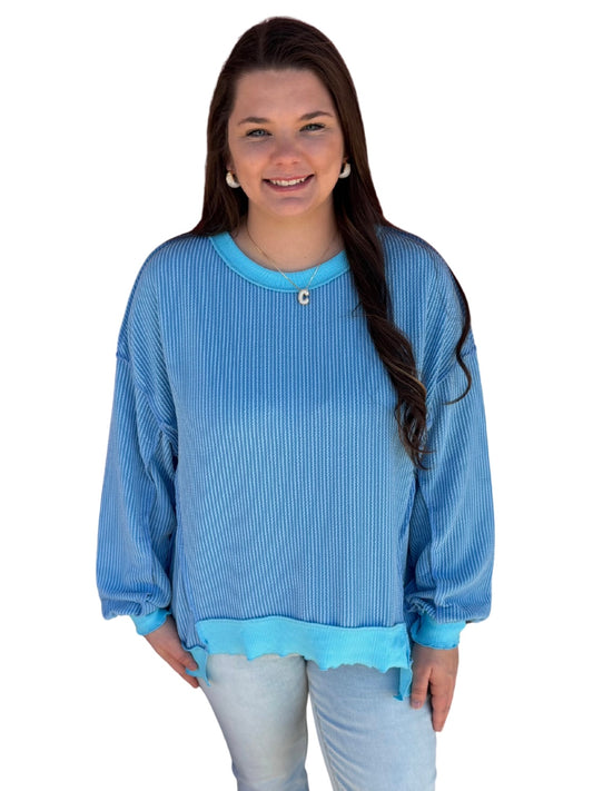Sky Blue Twisted Rib Drop Shoulder Top