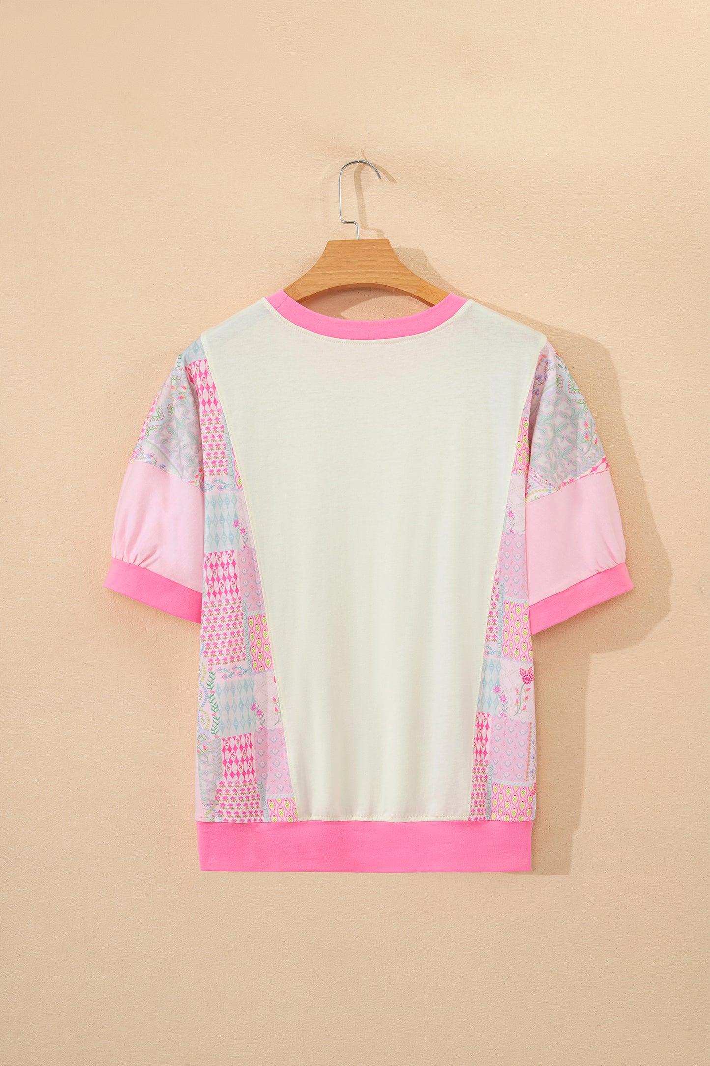 Beige color block floral patchwork relaxed top by Modern Grace with big flower accents, casual fit, perfect for stylish everyday wear.