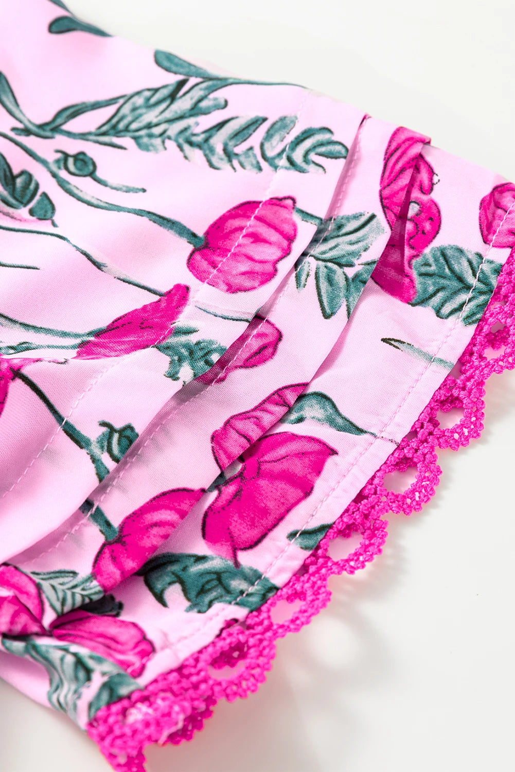 Pink Floral Lace Detail Frilled V Neck Summer Blouse