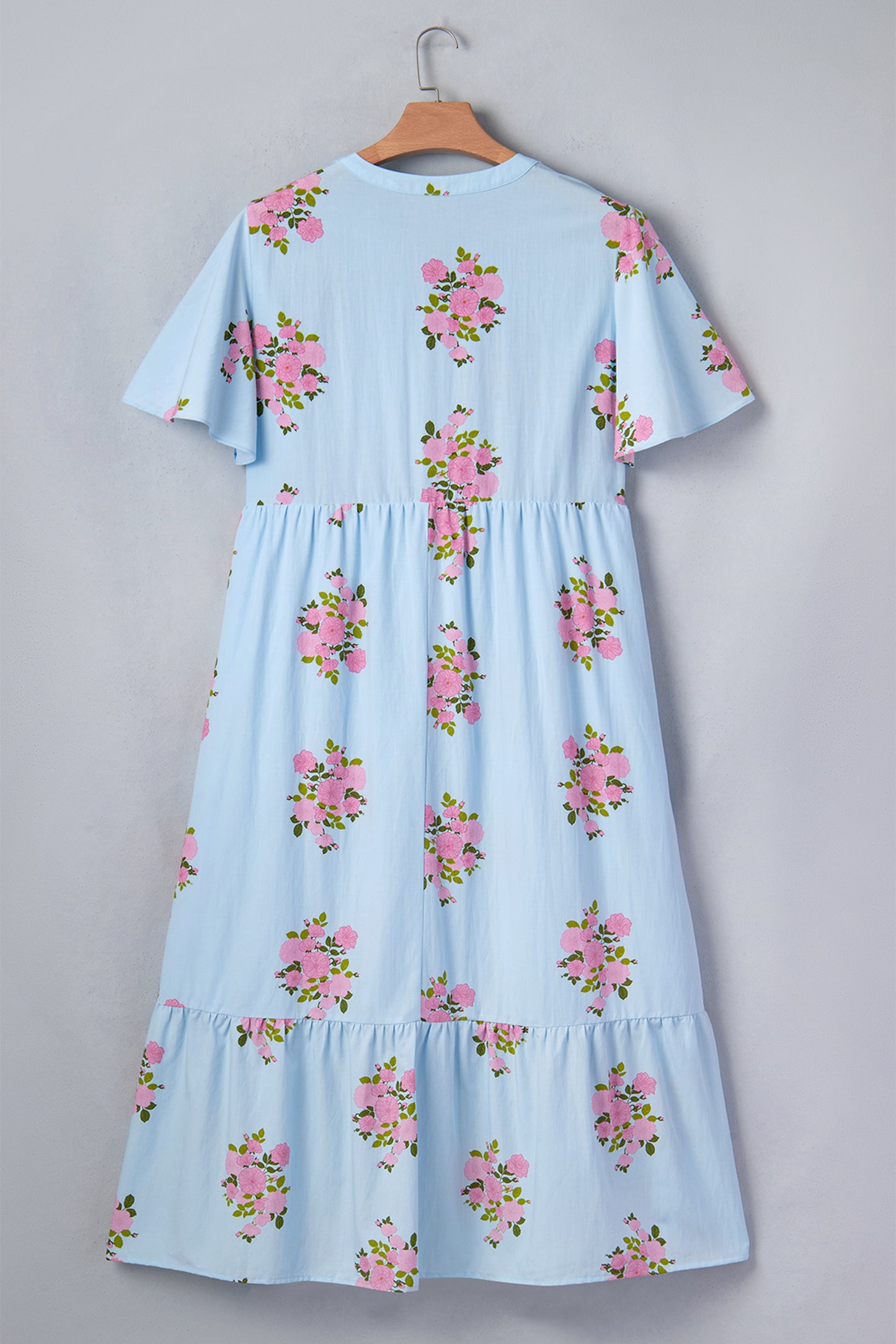 Sky Blue Plus Size Floral Print Scalloped Trim V-Neck Dress