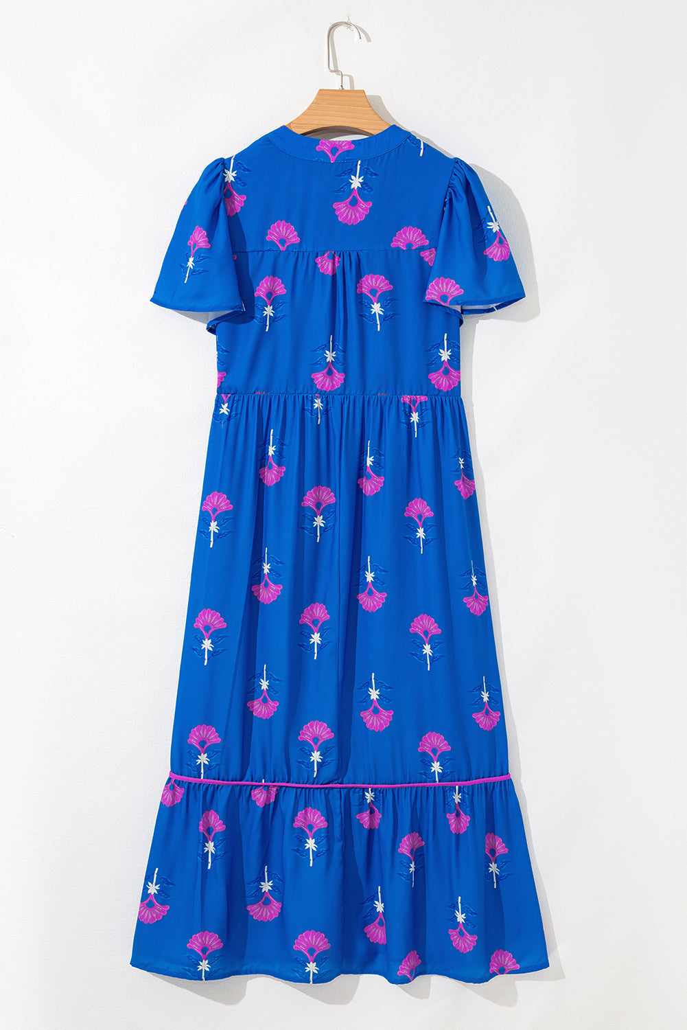 Blue Floral Print Notched Neck Butterfly Sleeve Shift Long Dress (Warehouse Exclusives)