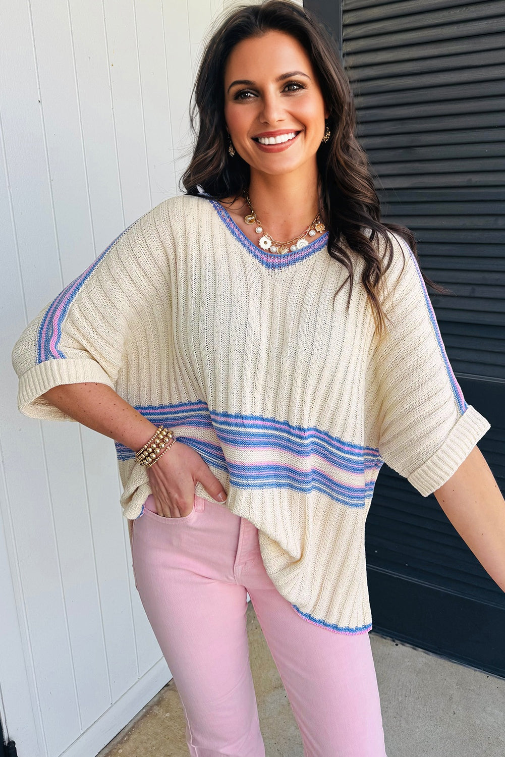 White Striped V Neck Dolman Sleeve Rib Knit Oversized Sweater with Slits (Warehouse Exclusives)