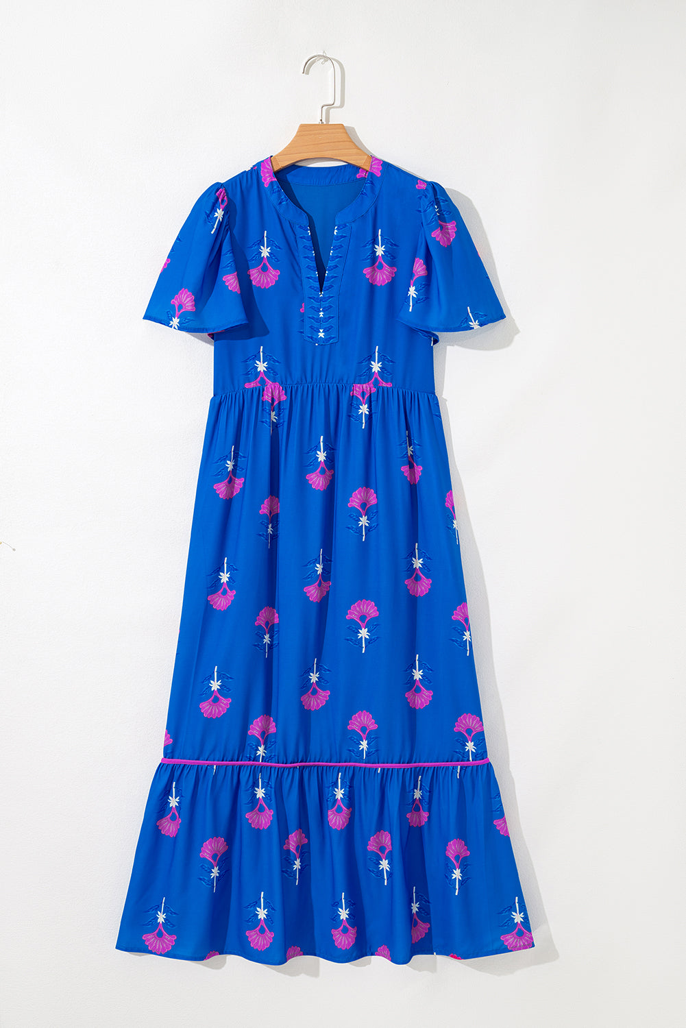 Blue Floral Print Notched Neck Butterfly Sleeve Shift Long Dress (Warehouse Exclusives)