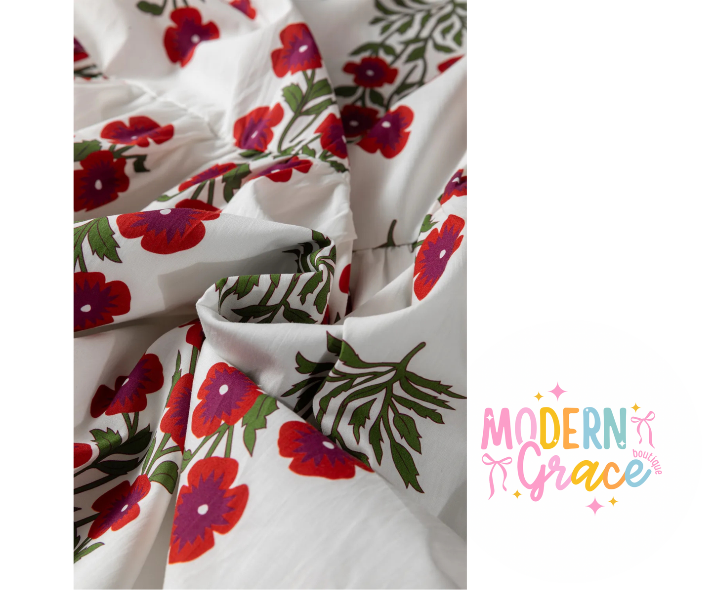 Beige floral short bubble sleeve tiered maxi dress by Modern Grace, flowing fabric with layered design and floral pattern.