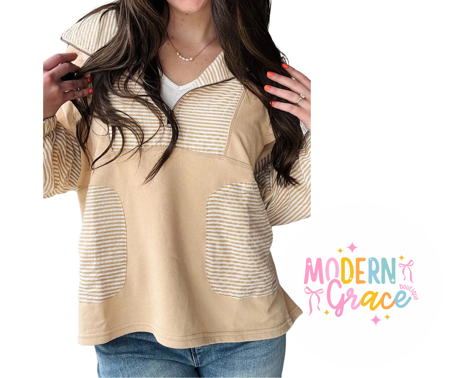 Khaki Quarter Zip Striped Patchwork Long Sleeve Top