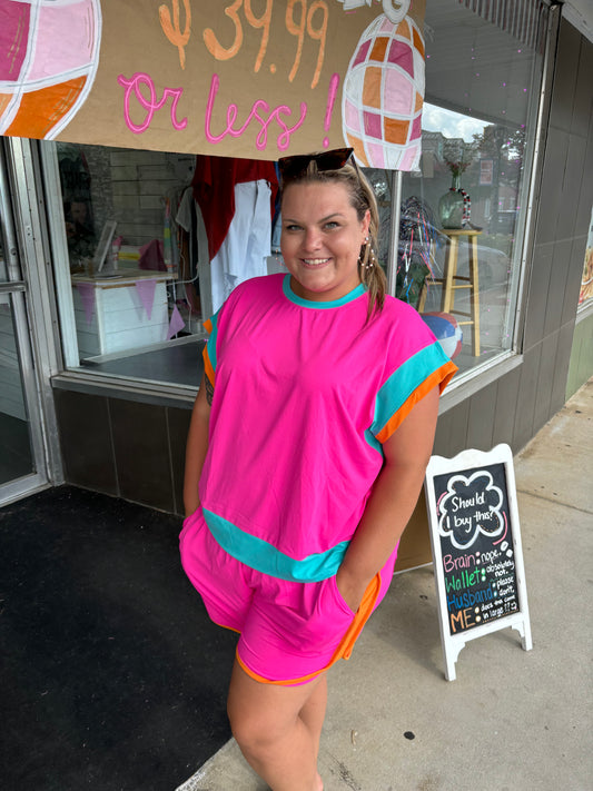 HOT PINK COLOR BLOCK CAP SLEEVE SHORT SET