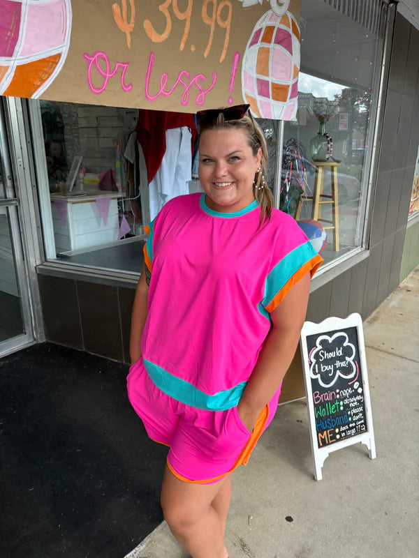 Neon Pink Colorblock Top - TOP ONLY SIZE 1XL