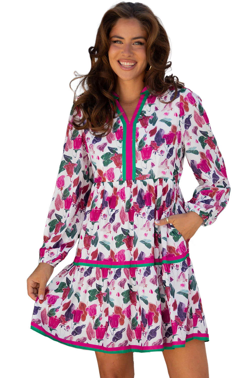 Purple Floral Print Contrast Striped Detail Long Sleeve Mini Dress (Warehouse Exclusives - Online only!)