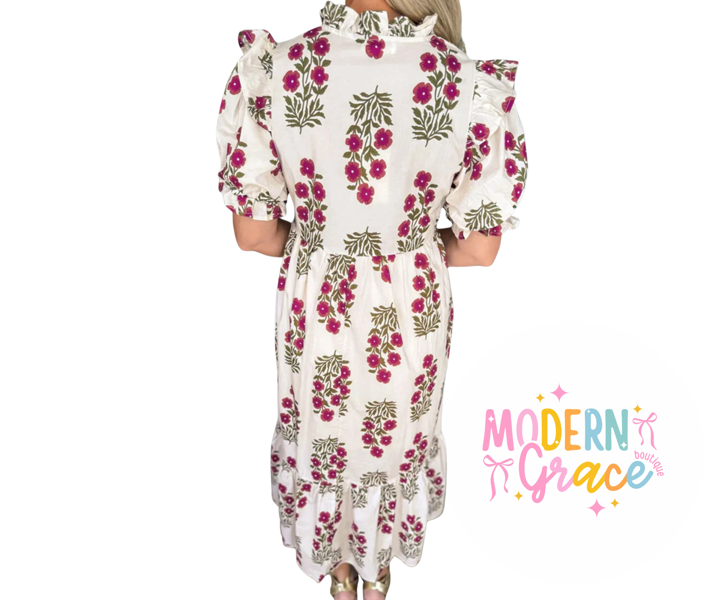 Beige floral tiered maxi dress with short bubble sleeves by Modern Grace, flowing and lightweight for summer wear.