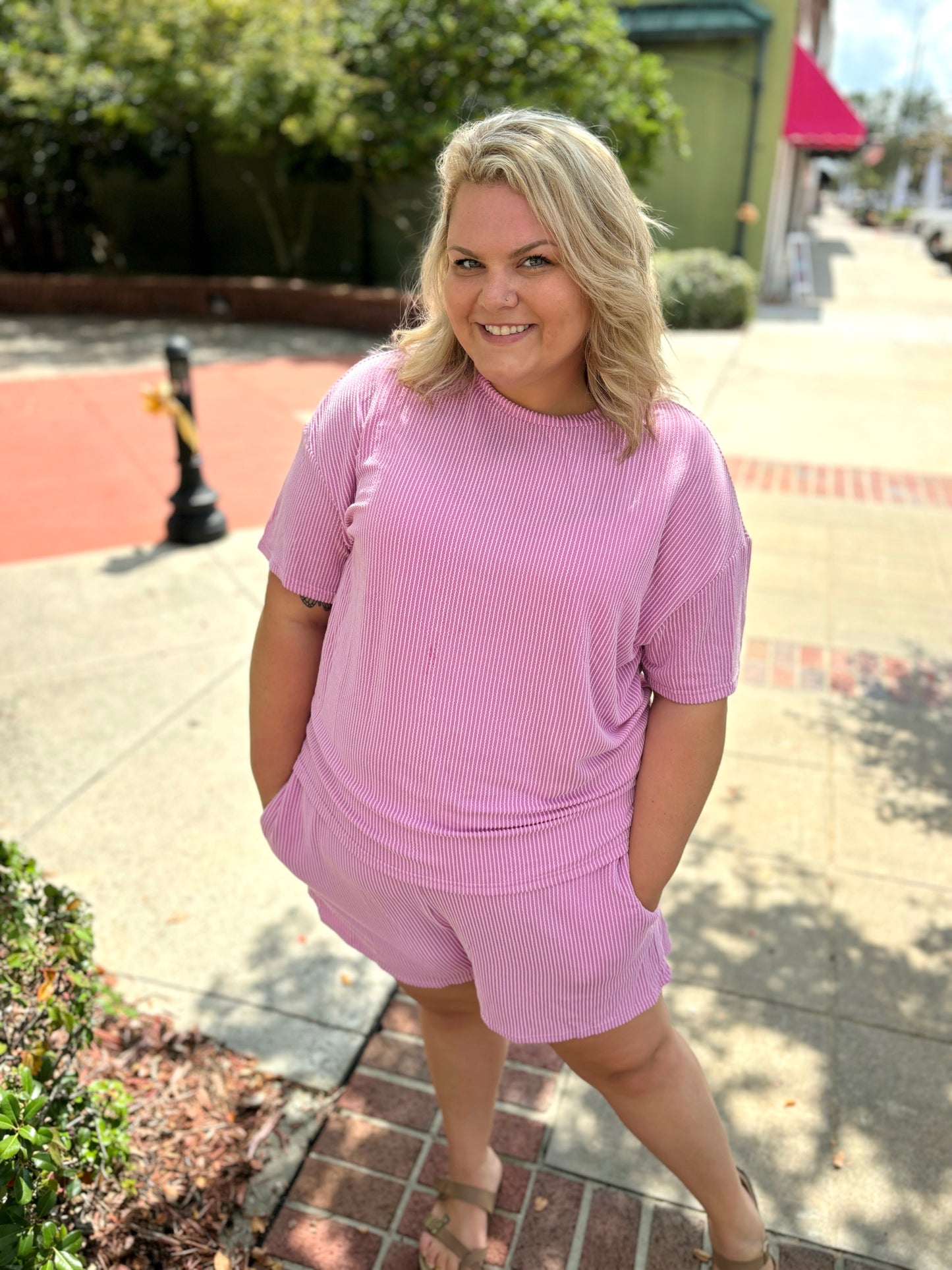 Curvy Bright Mauve Ribbed Knit T Shirt and Shorts Lounge Set