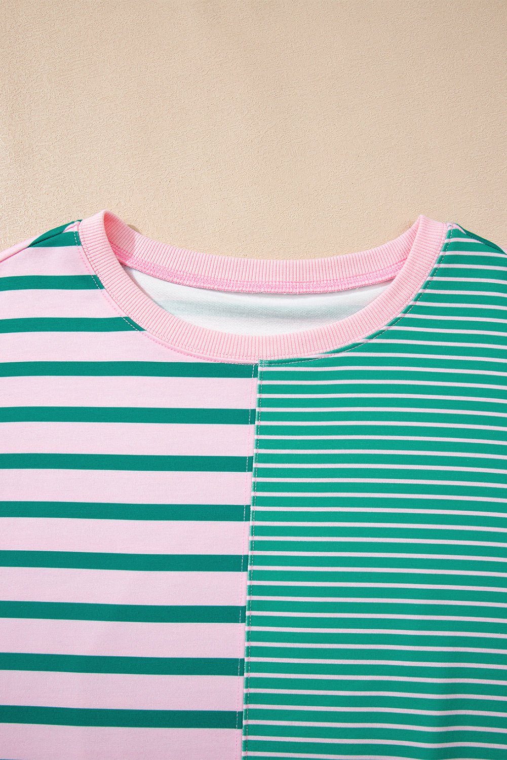 Green Stripe Mix Pattern Color Block Patchwork Side Slit Baggy Sweatshirt (Warehouse Exclusives-Online Only)