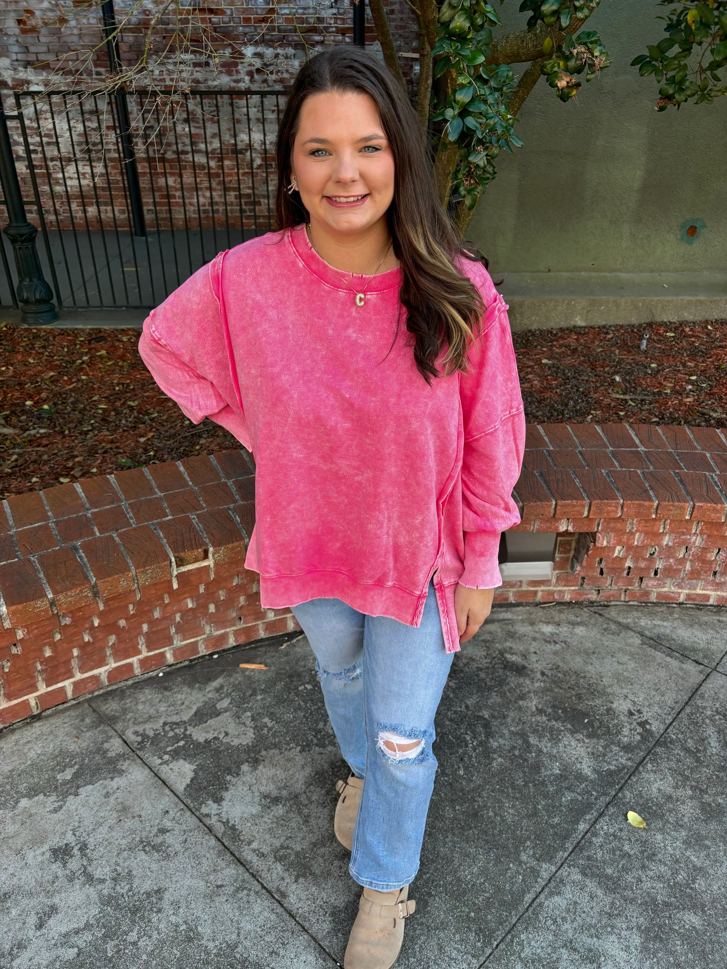 Fuchsia Acid Washed Exposed Seam Sweatshirt