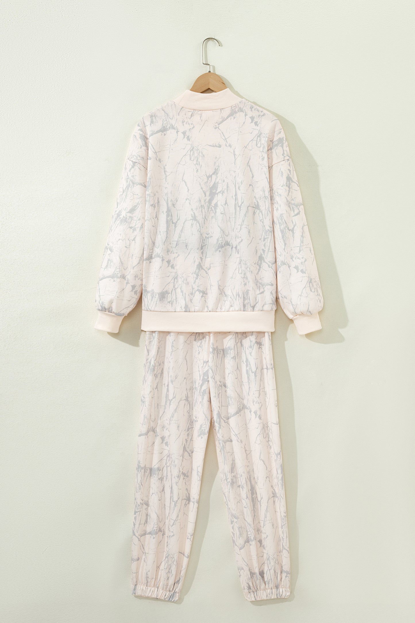 Modern Grace khaki camo print jogger pants set, two-piece casual outfit with relaxed fit and elastic waistband.