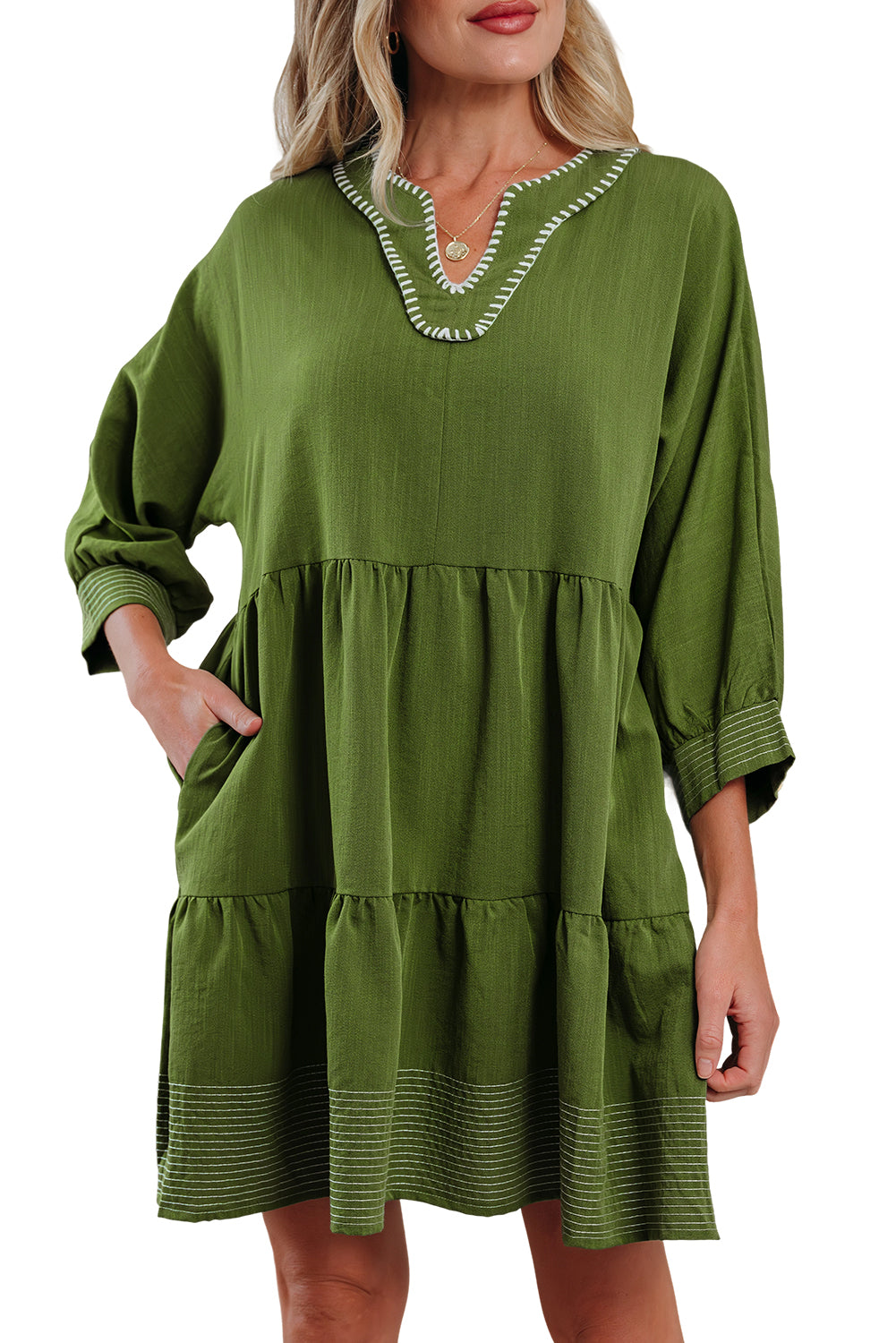 Jungle Green Contrast Stitched V Neck 3/4 Sleeve Tiered Dress (Warehouse Exclusives)