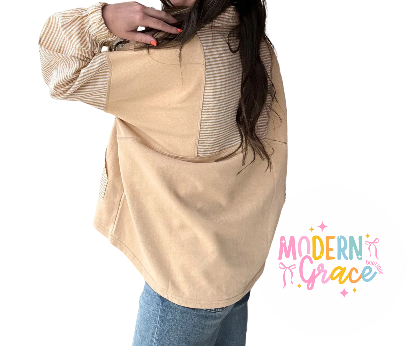 Khaki Quarter Zip Striped Patchwork Long Sleeve Top