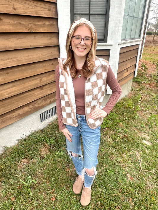 Khaki Checkered Sherpa Collared Jacket Vest