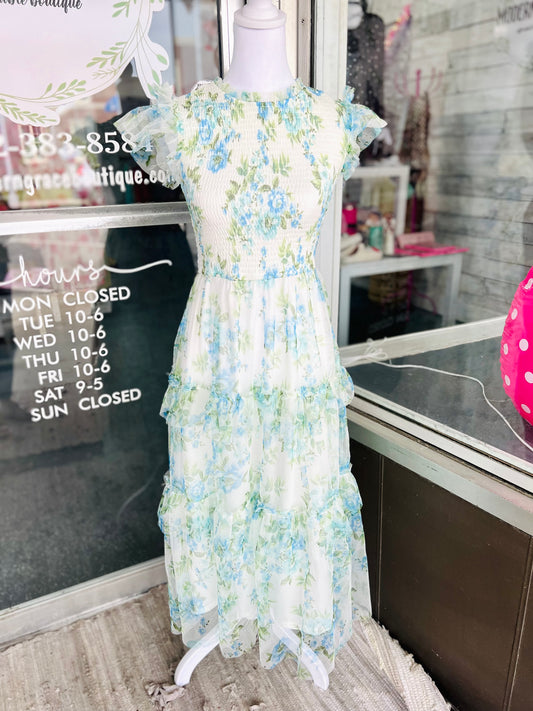 Blue Floral Smocked Tiered Midi Dress