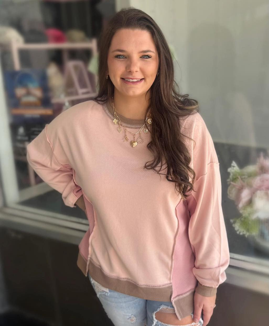 Light pink color block waffle patchwork oversized sweatshirt by Modern Grace, featuring mixed textures and a cozy fit.