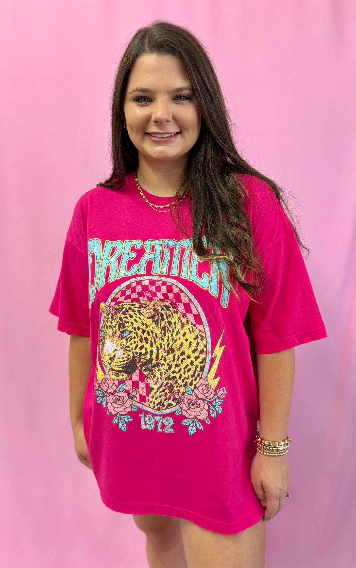 Pink Dreamer 1972 Leopard Vintage Graphic Oversized Tee