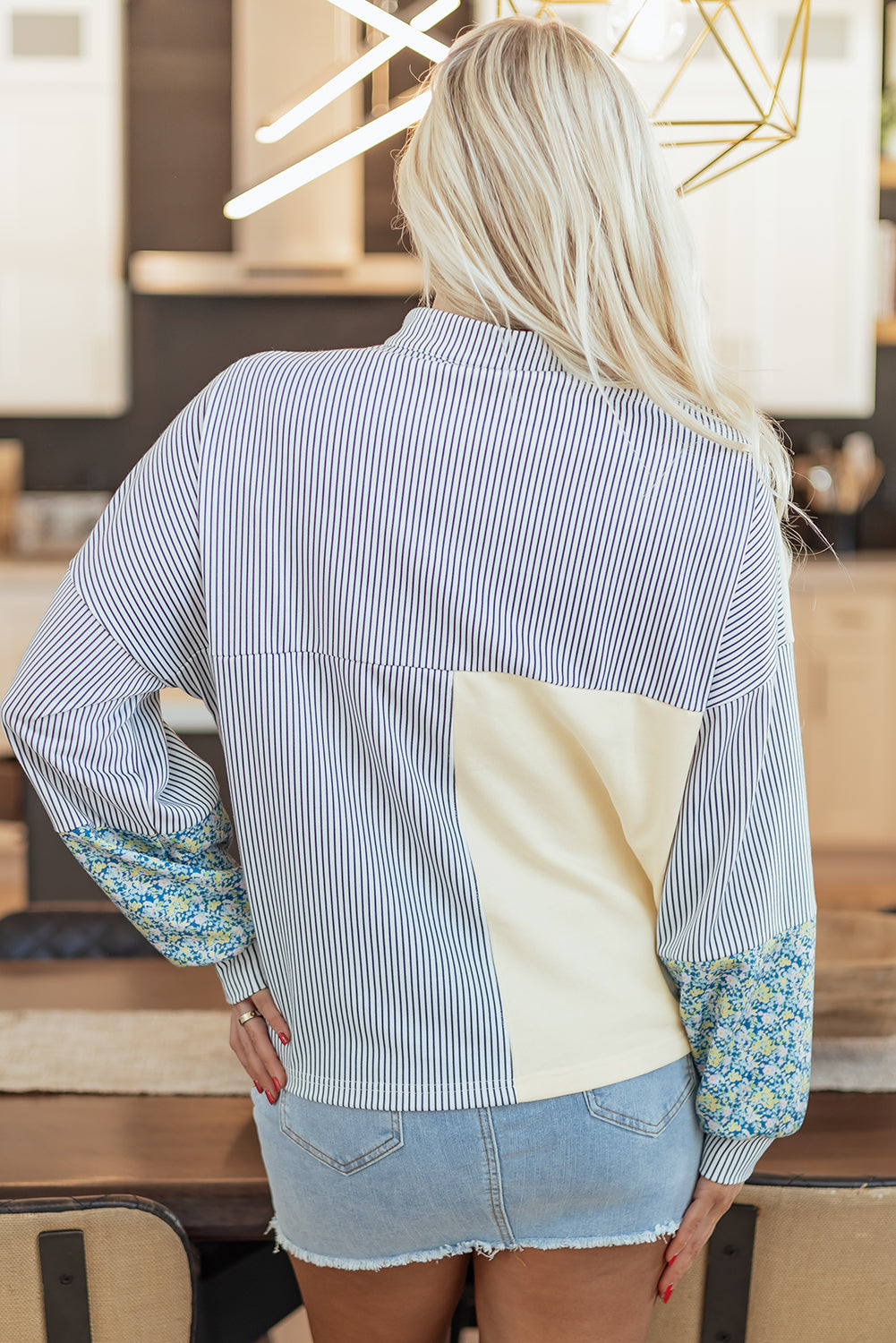 Beige Floral Striped Drop Sleeve Collared Boxy Fit Sweatshirt (Warehouse Exclusives - Online only)