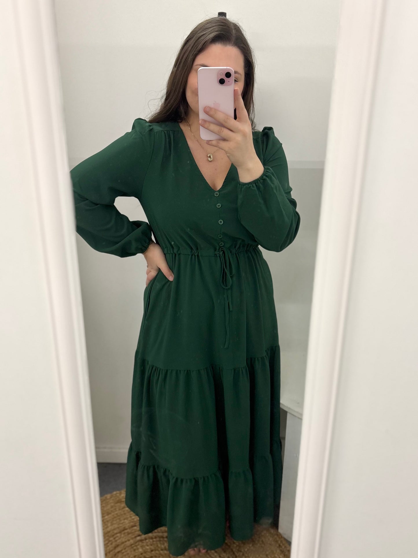 Green Solid Long Sleeve Button V Neck Tiered Maxi Dress