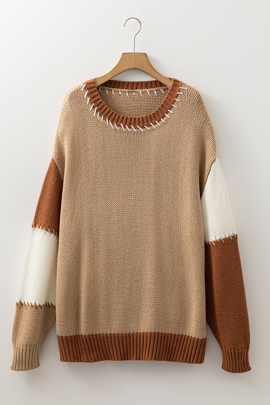 CURVY Light French Beige Stitch Detail Color Block Knitted Plus Size Sweater (Warehouse Exclusive)