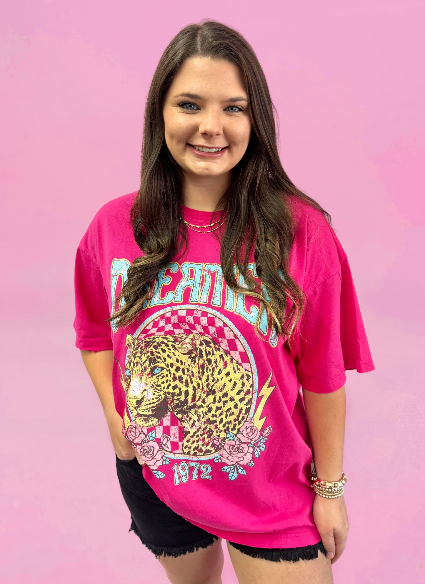 Pink Dreamer 1972 Leopard Vintage Graphic Oversized Tee
