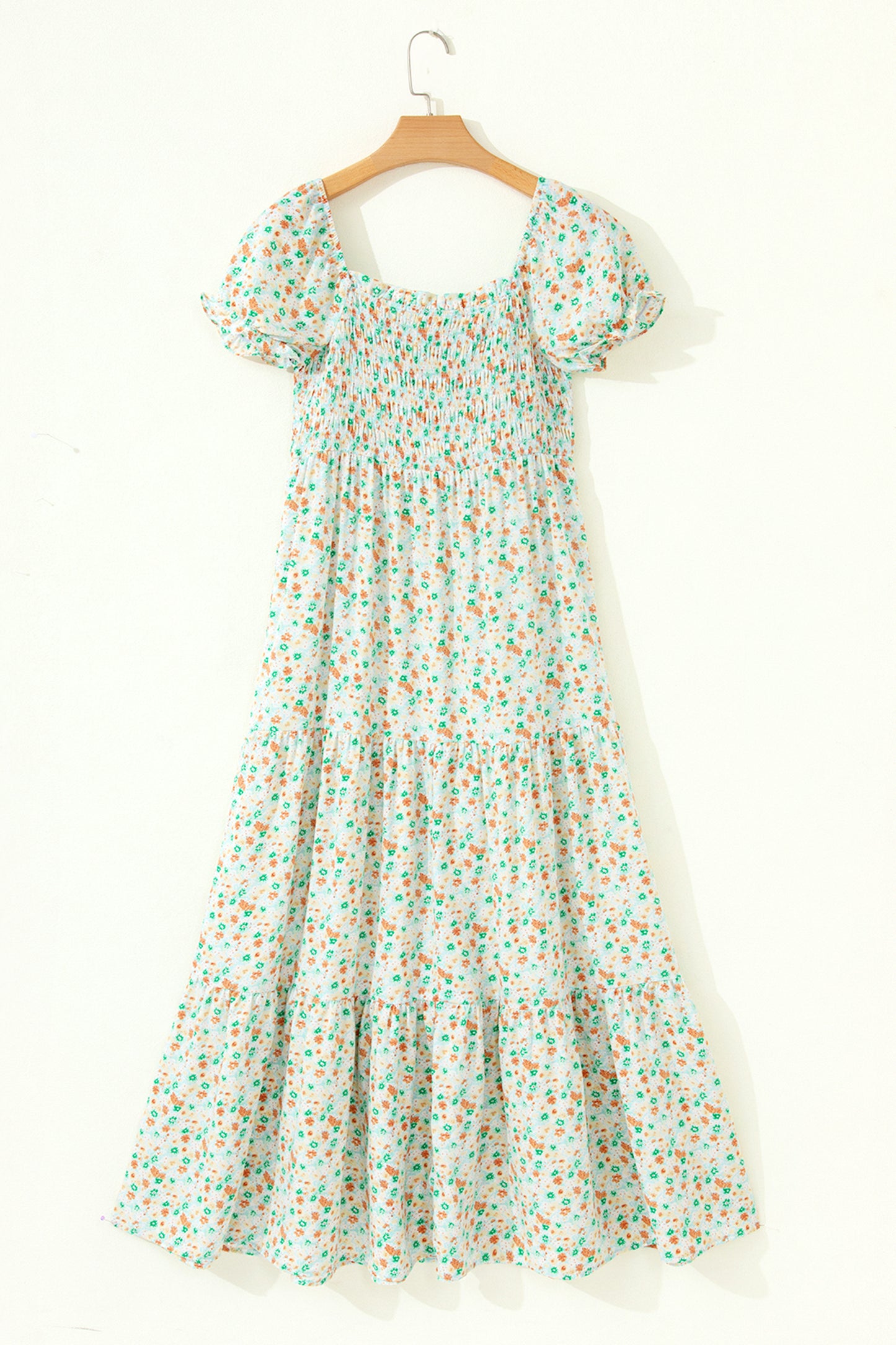 Floral Short Bubble Sleeve Shirred High Waist Maxi Dress