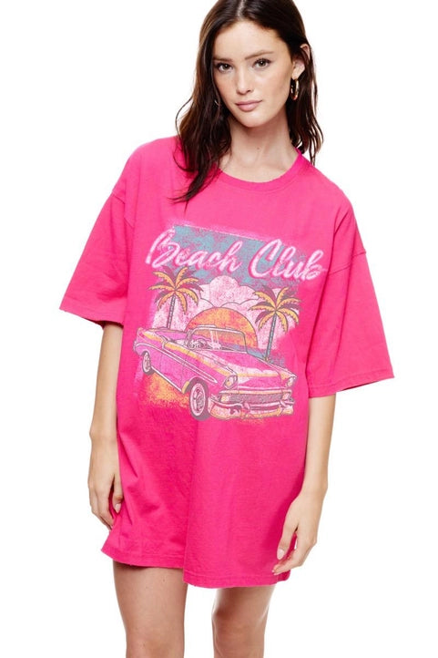 Hot pink vintage oversized graphic top by Modern Grace, beach club style, with bold graphic design, casual and trendy for summer wear.
