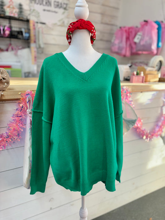 Curvy Green Drop Shoulder V Neck Sweater