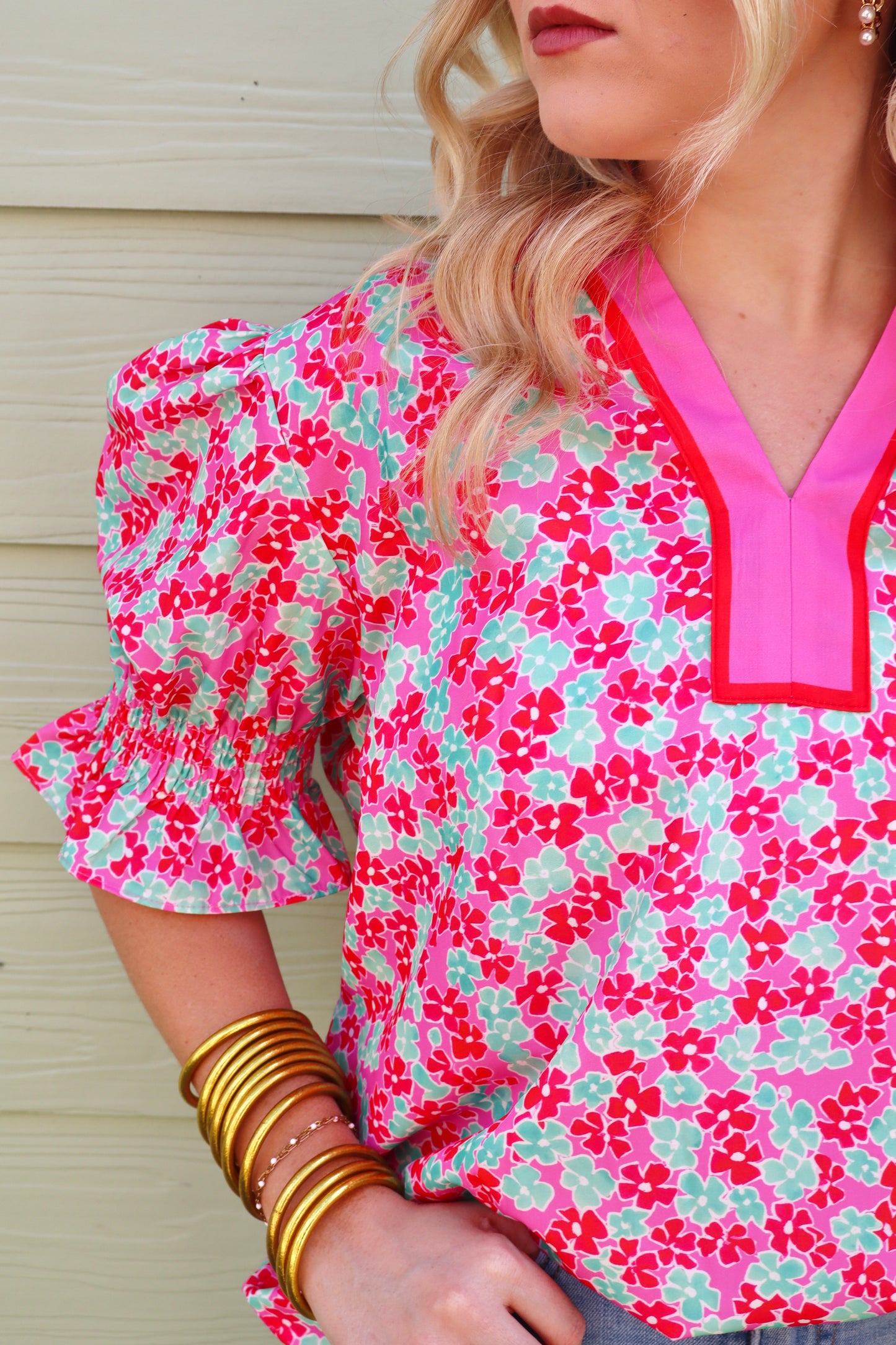 Rose Blooms Floral Collared V Neck Short Puff Sleeve Blouse Top