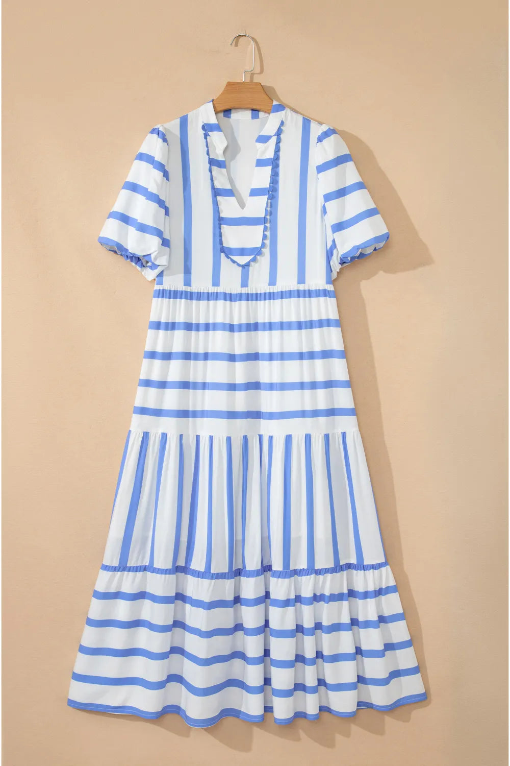 Sky Blue Stripe Ricrac Trim Notched Neck Half Sleeve Vacation Midi Dress