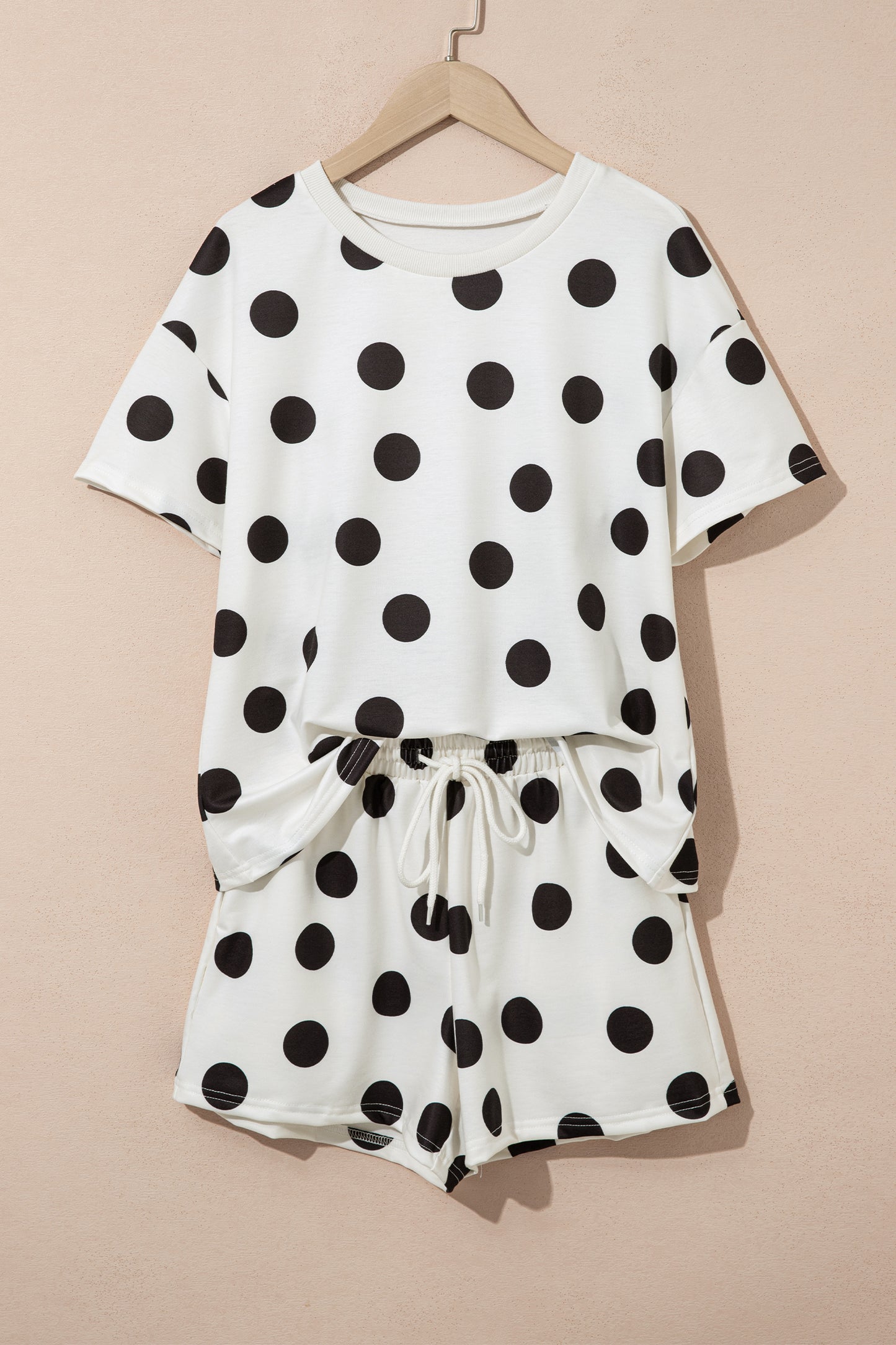 Polka Dot Print Loose Tee Drawstring Elastic Waist 2 Piece Short Set
