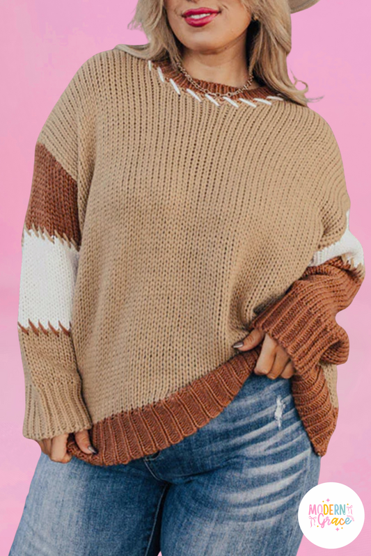 CURVY Light French Beige Stitch Detail Color Block Knitted Plus Size Sweater (Warehouse Exclusive)