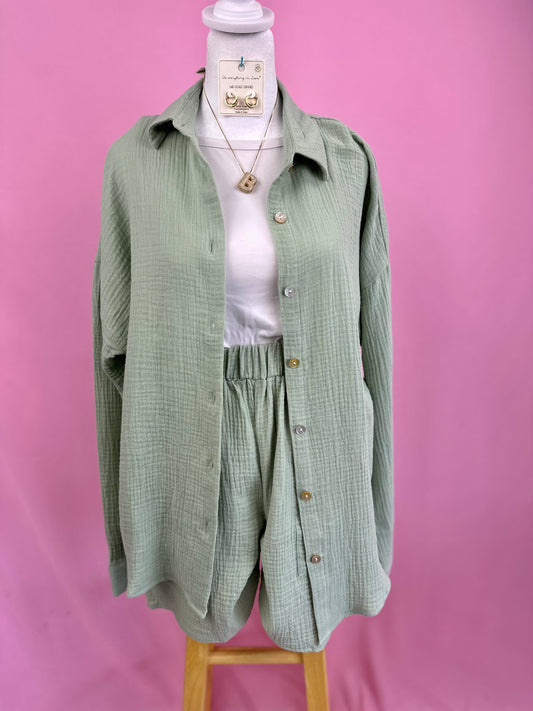Sage Cotton Gauze Button Down Top