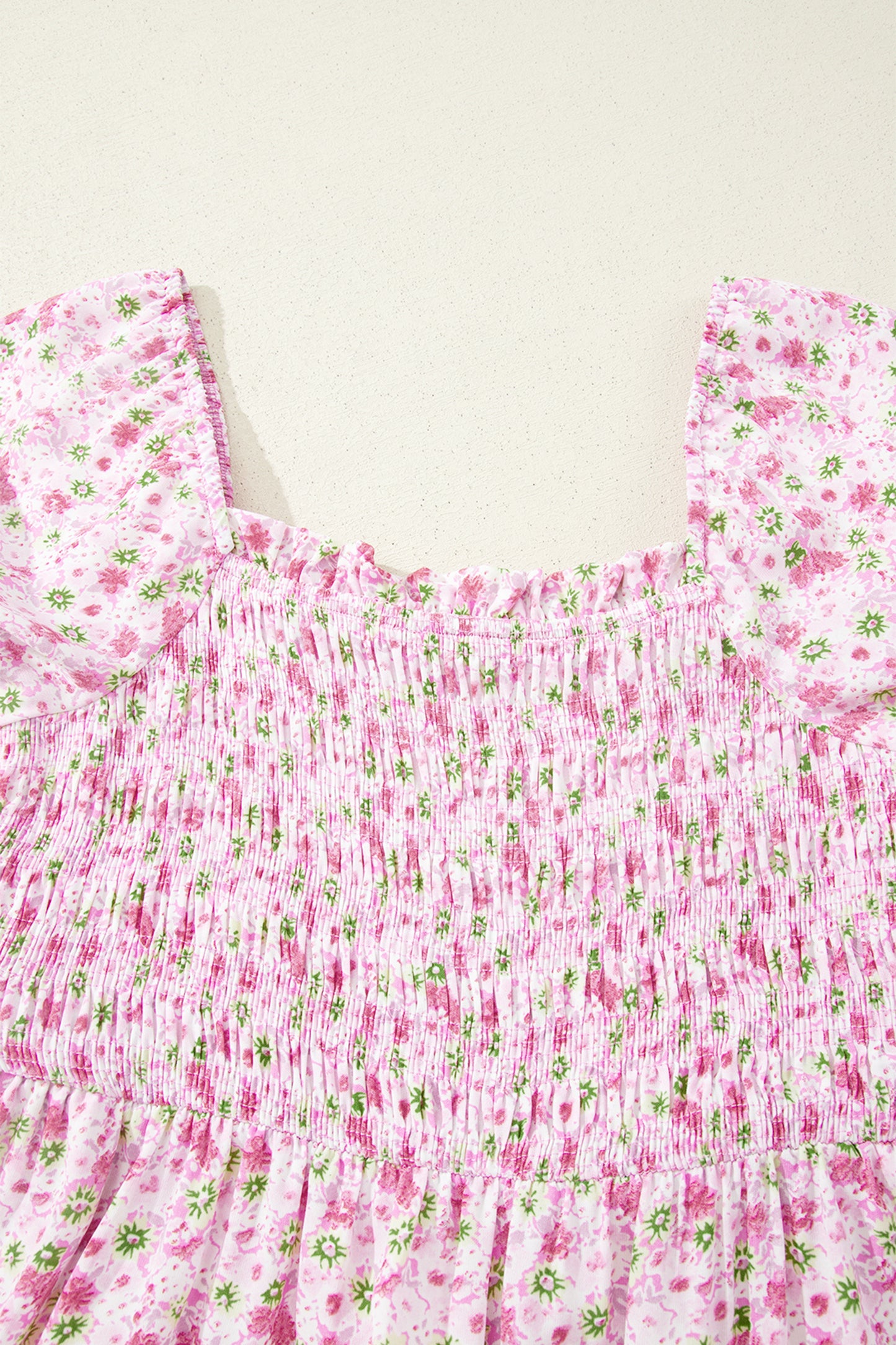 Floral Short Bubble Sleeve Shirred High Waist Maxi Dress