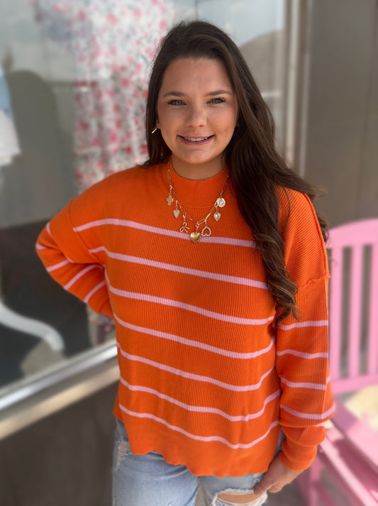 Orange Stripe Ribbed High Neck Drop Shoulder Sweater